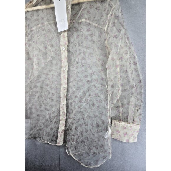 Zara XS Sheer Floral Organza Button-Up Blouse NWT Lightweight Dressy Top - Picture 3 of 16